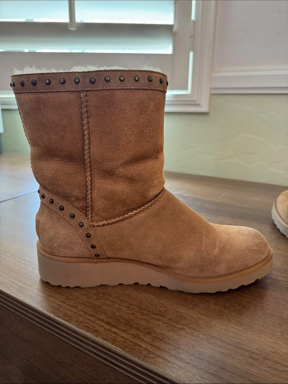 UGG Women’s Tan Suede Shearling-Lined Boots with Stud Detail, Sz. 8.5
